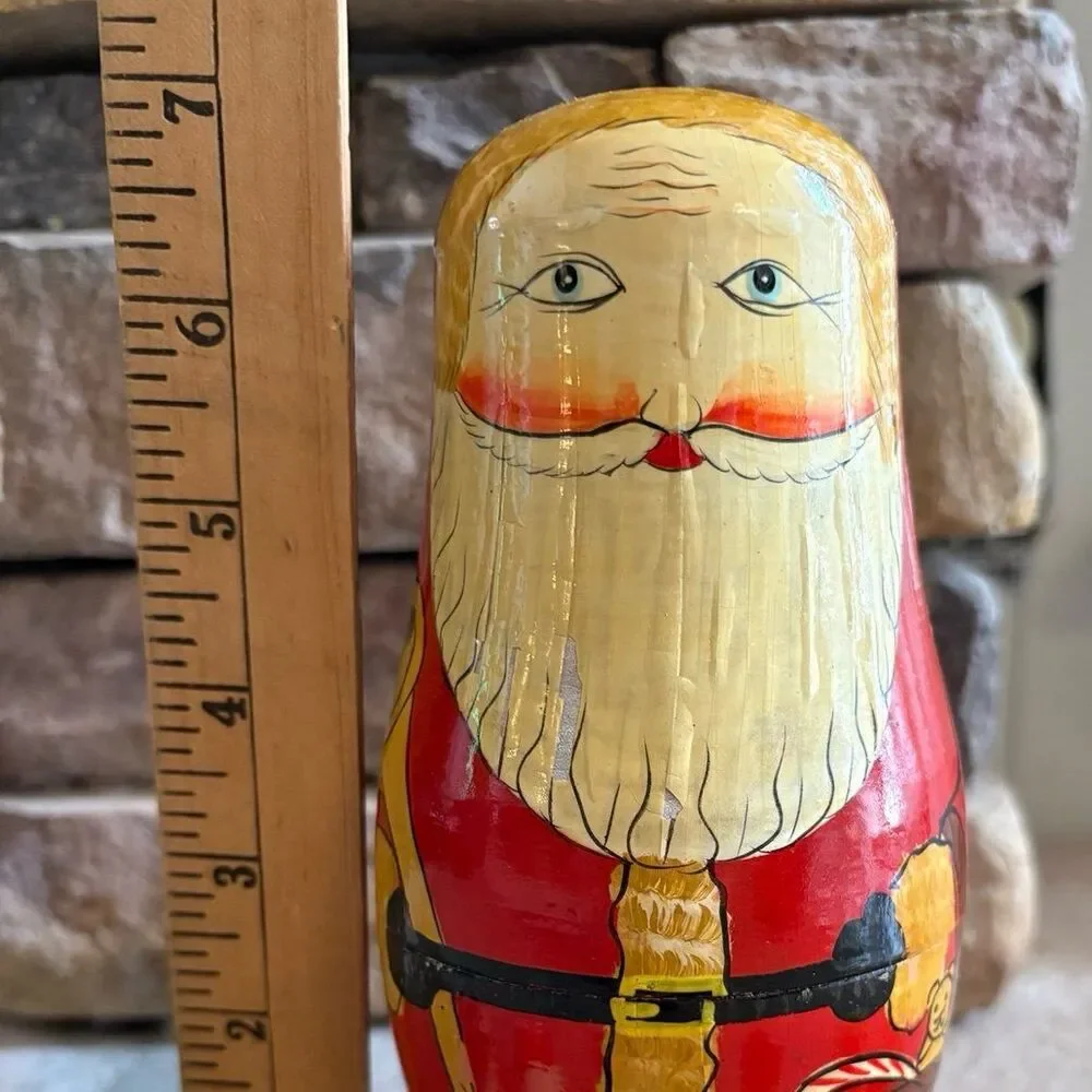 Vintage Russian Wooden Folk Art Hand Painted Nesting Santa with Children